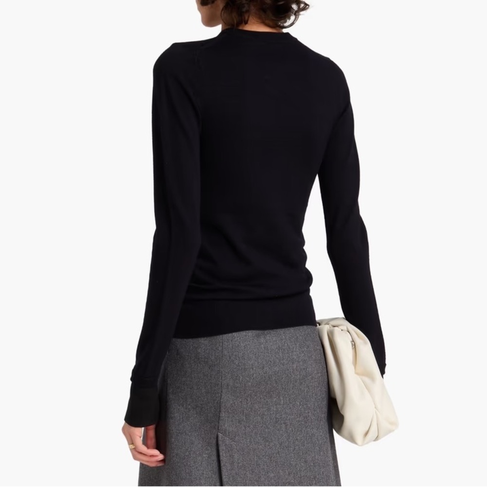 Toteme Two Tone High V Neck Knit Wool Silk Cuff Sweater Navy Blue - Picture 5 of 16